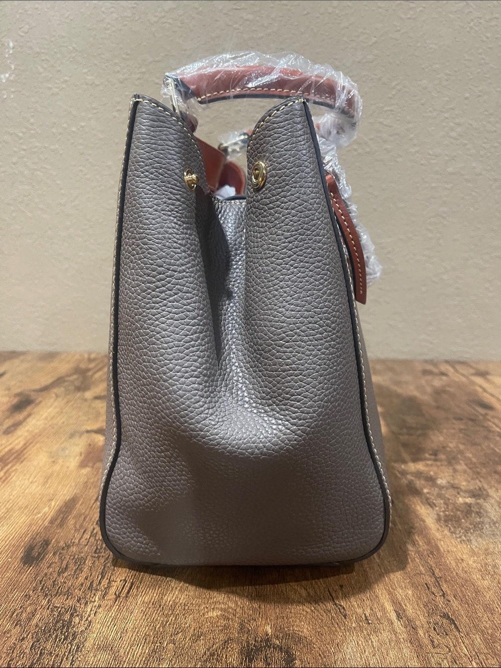 NWT Dooney & Bourke Gray Pebble Leather Briefcase Tote with Brown Trim - Picture 2 of 10